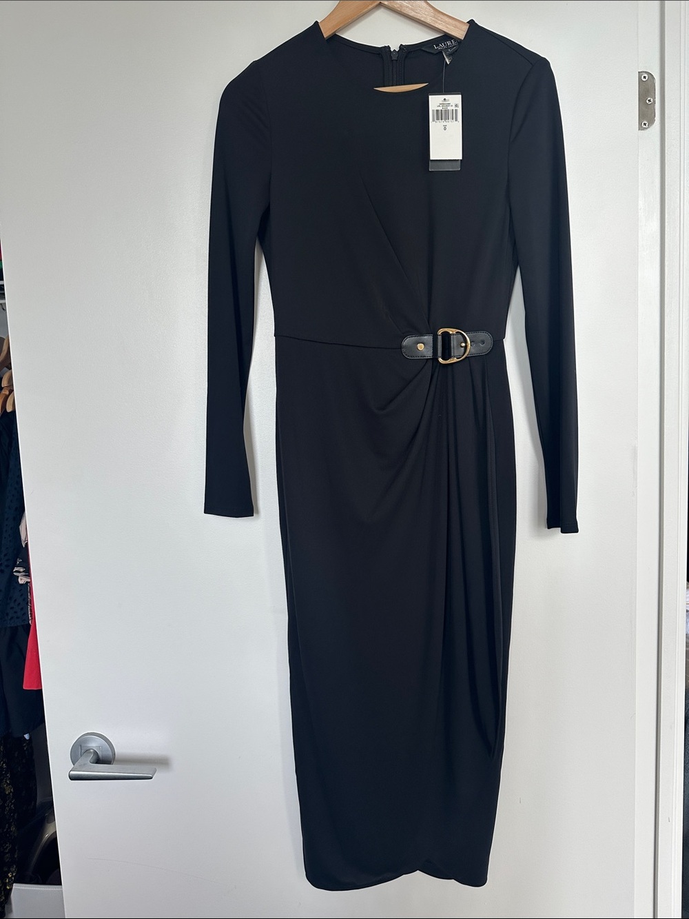 Lauren Ralph Lauren Black Long-Sleeve Draped Sheath Dress with Belt Detail